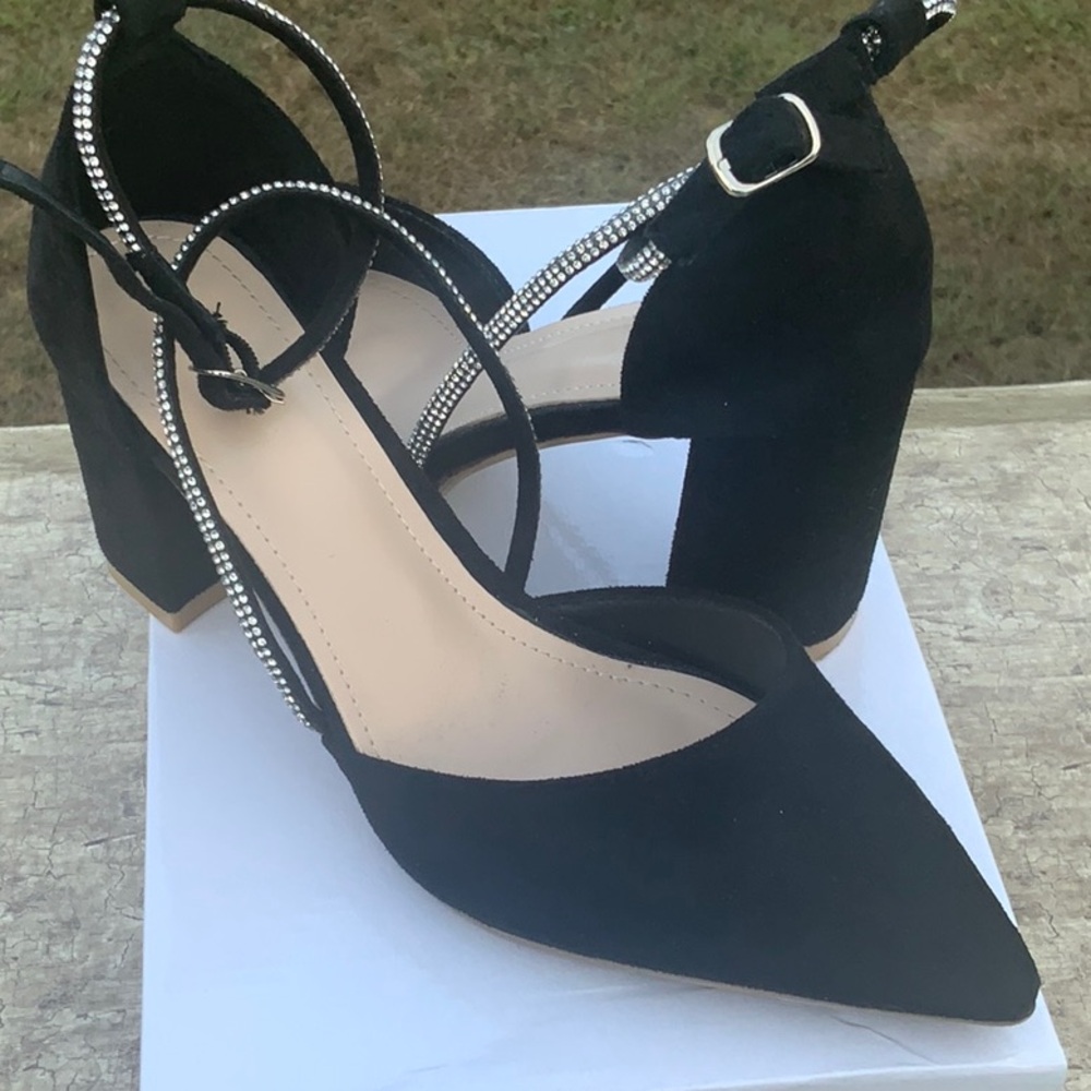 In season chunky heel with bedazzled strap.